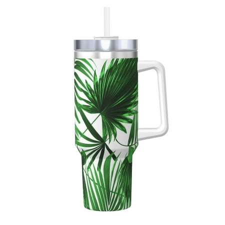 

Palm Leaf Print 40oz Car Insulated Cups Ice Bully Cup with Handle Double Stainless Steel Vacuum Tumblers Water Bottle with Lid and Straw