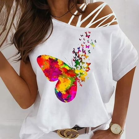 

Women Short Sleeve Strappy Cold Shoulder Butterfly Print T-Shirt Tops Casual Trendy Loose Shirt Batwing Sleeve Tunics Blouse