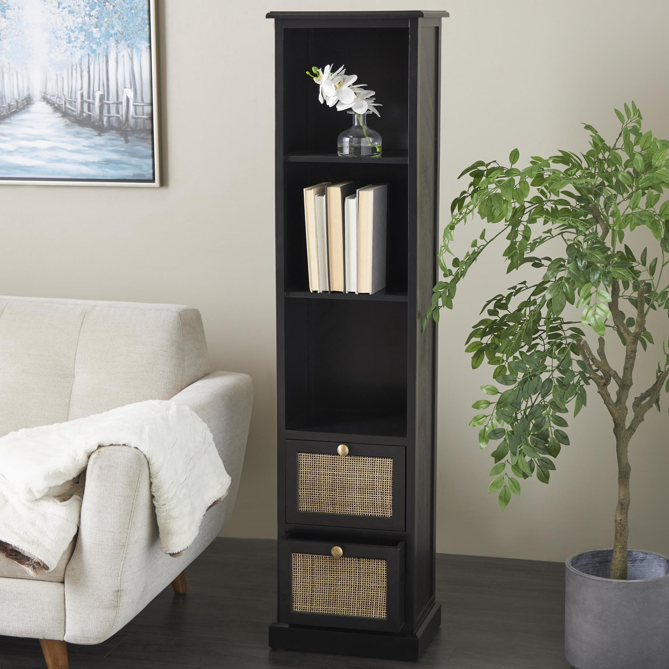 DecMode 14" x 58" Black Wood 2 Drawer and 3 Shelf Cabinet with Rattan Front, 1-Piece
