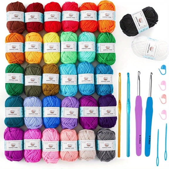 70pcs 52 count acrylic yarn, size 1820, 52 colors, 4 crochet hooks, 2 knitting needles, 11 needle labels, 1 bag, suitable for crochet knitting, gifts for beginners and adults