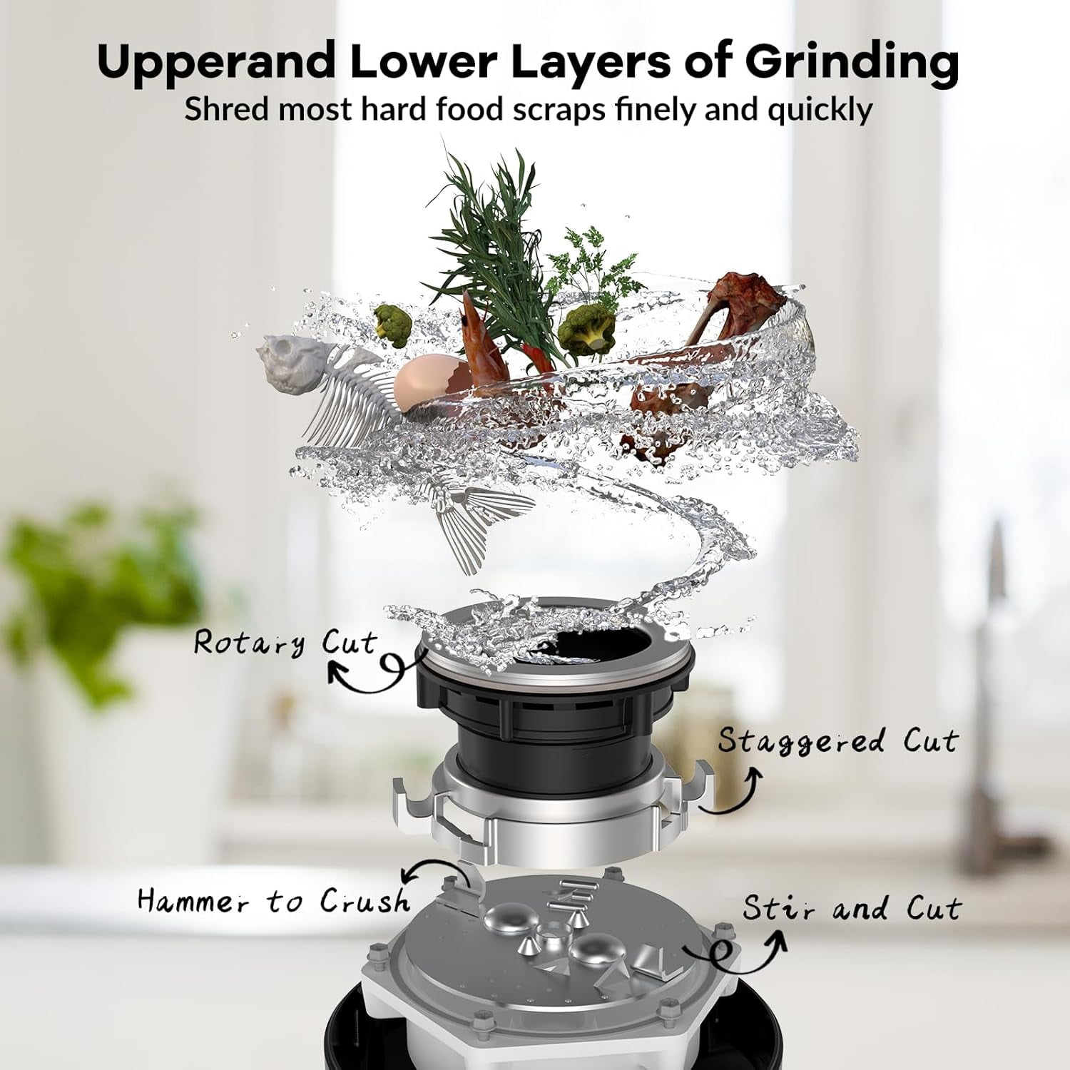 Home Kitchen 1 H P 1/2 H P 3/4 H P Garbage Disposal Continuous Feed Food Waste Disposer with Air Switch & Flange Seal, Stainless Steel Garbage Disposer, Compact Food Waste Grinder for Kitchen Sink