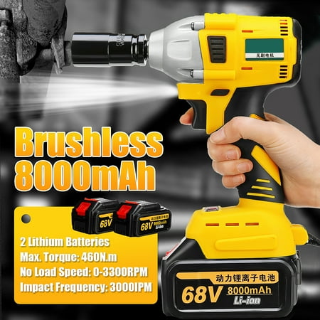 Wrench Motor 68V 8000mAh LED Light Powerful Cordless Electric Impact Wrench Brushless Motor 2 Batteries With Portable Carry Case Lithium Wrench,Rechargeable Wrench Drill, ()