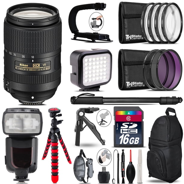 Nikon DX 18-300mm VR - Video Kit + Pro Flash + Monopad - 16GB 