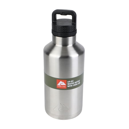 Ozark Trail 64 oz Chug Lid, Double-Wall Vacuum Insulated Stainless Steel Water Bottle, Silver, Keeps Drinks Hot & Cold