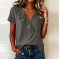 thumbnail image 4 of Xdegoge Cotton Linen Tops for Women Ruffle V Neck Short Sleeve Casual Summer T Shirts Loose Fit Elegant Dressy Work Basic Flowy Tunic Vacation Tees, 4 of 6