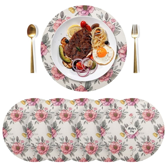 Flowers Mother's Day Black Round Placemats Plate Mats 15 Inch Non-Slip Heat Resistant Washable PVC Set Indoor for Kitchen Dining Table 1PC