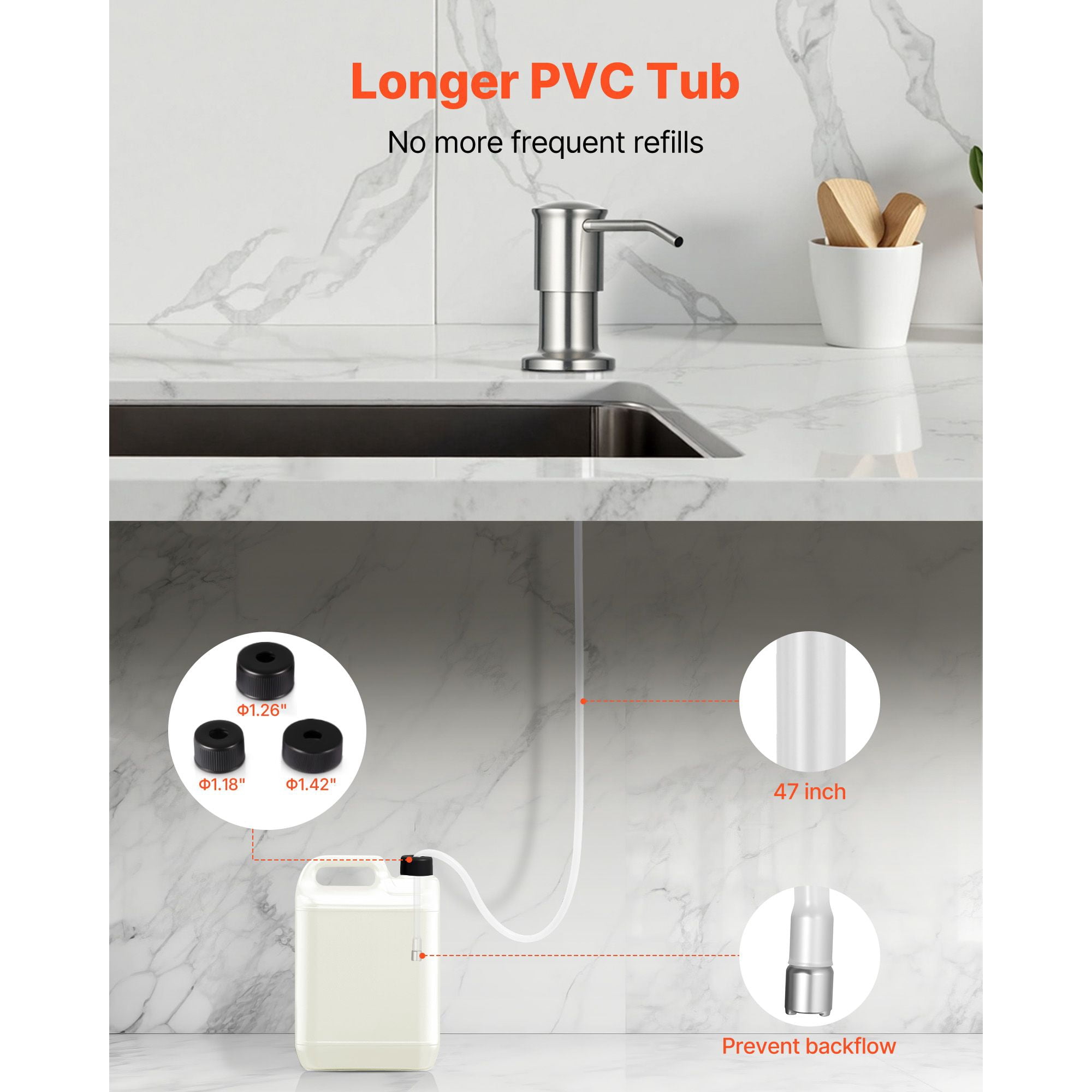 Kitchen Sink Soap Dispenser Stainless Steel, Universal Fit Extension Tube Kit, 360° Rotating Pump Head Built-in Countertop Liquid Dispenser