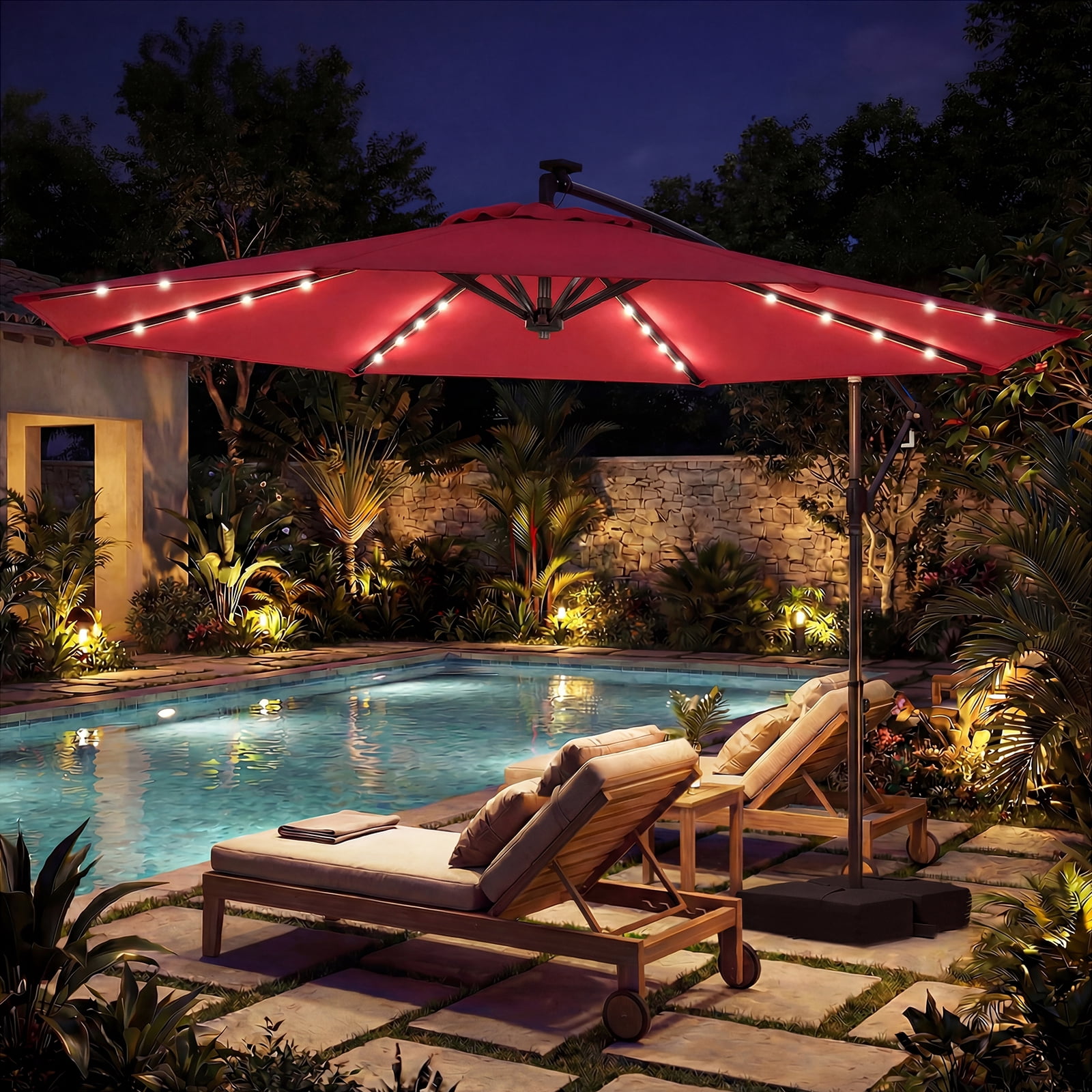Costway 10 FT Solar Offset Hanging Umbrella Patio Cantilever Umbrella with 32 LED Lights Red
