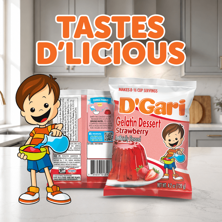 D'Gari Strawberry Gelatin Mix, 4.2 oz Box, No Allergens, Easy