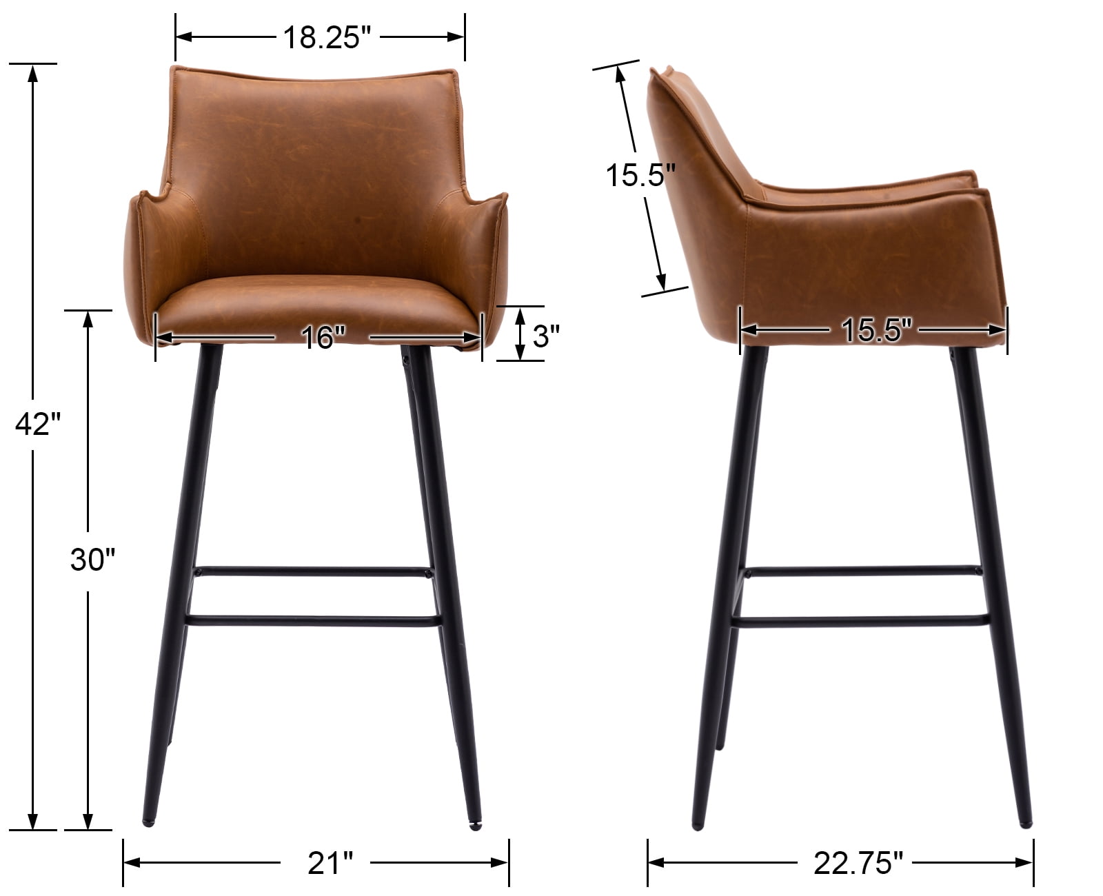 Dayalane 30" Bar Stools Set of 2, Modern Faux Leather Upholstered Barstools with Back and Footrest, Kitchen Island Bar Stools with Armrests for Pub Home Bar Dining Room Bistro, Brown
