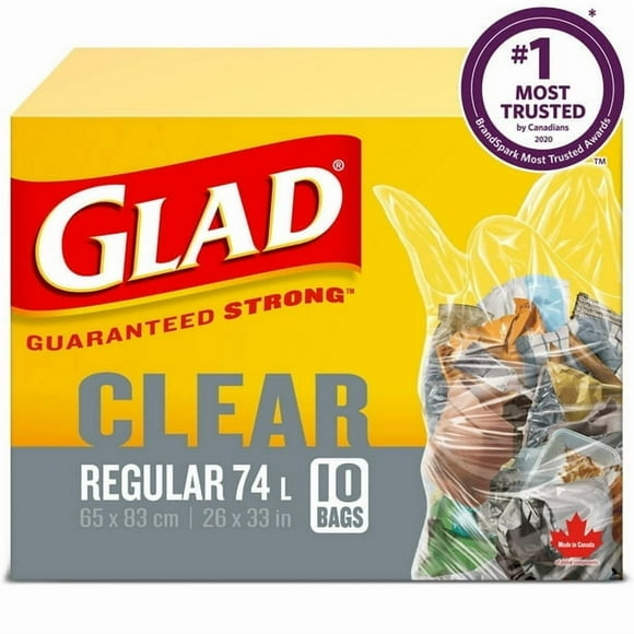 Glad Clear Garbage Bags - Regular 74 Litres - 10 Trash Bags, Guaranteed strong