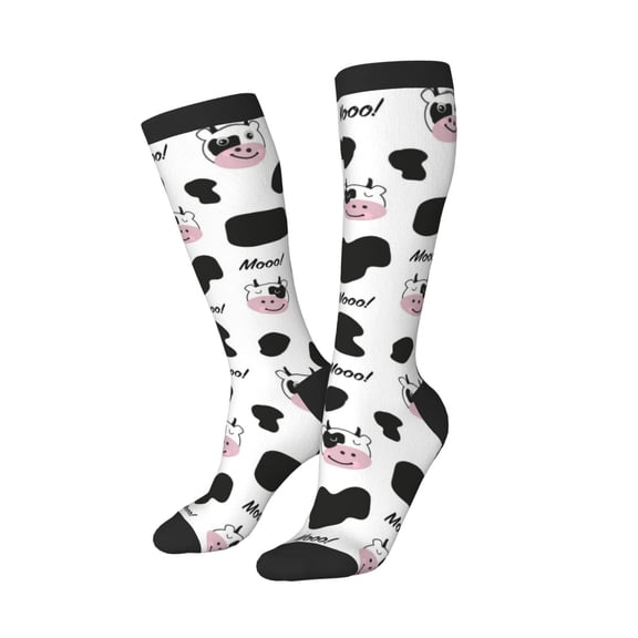 Knee High Socks for Women Men Athletic - Cartoon Cute Cow Print Cow Head Thigh-High Black Sole Comfort Breathable Long Socks for Casual Travel Running