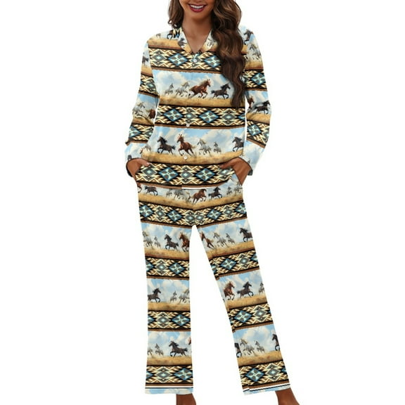 DISNIMO Horse Aztec Print Women 2 Piece Pajama Set Long Sleeve Sleepwear with Long Pants Button Down Pj Lounge Sets Casual Comfy Loungewear Nightwear with Pockets, XS