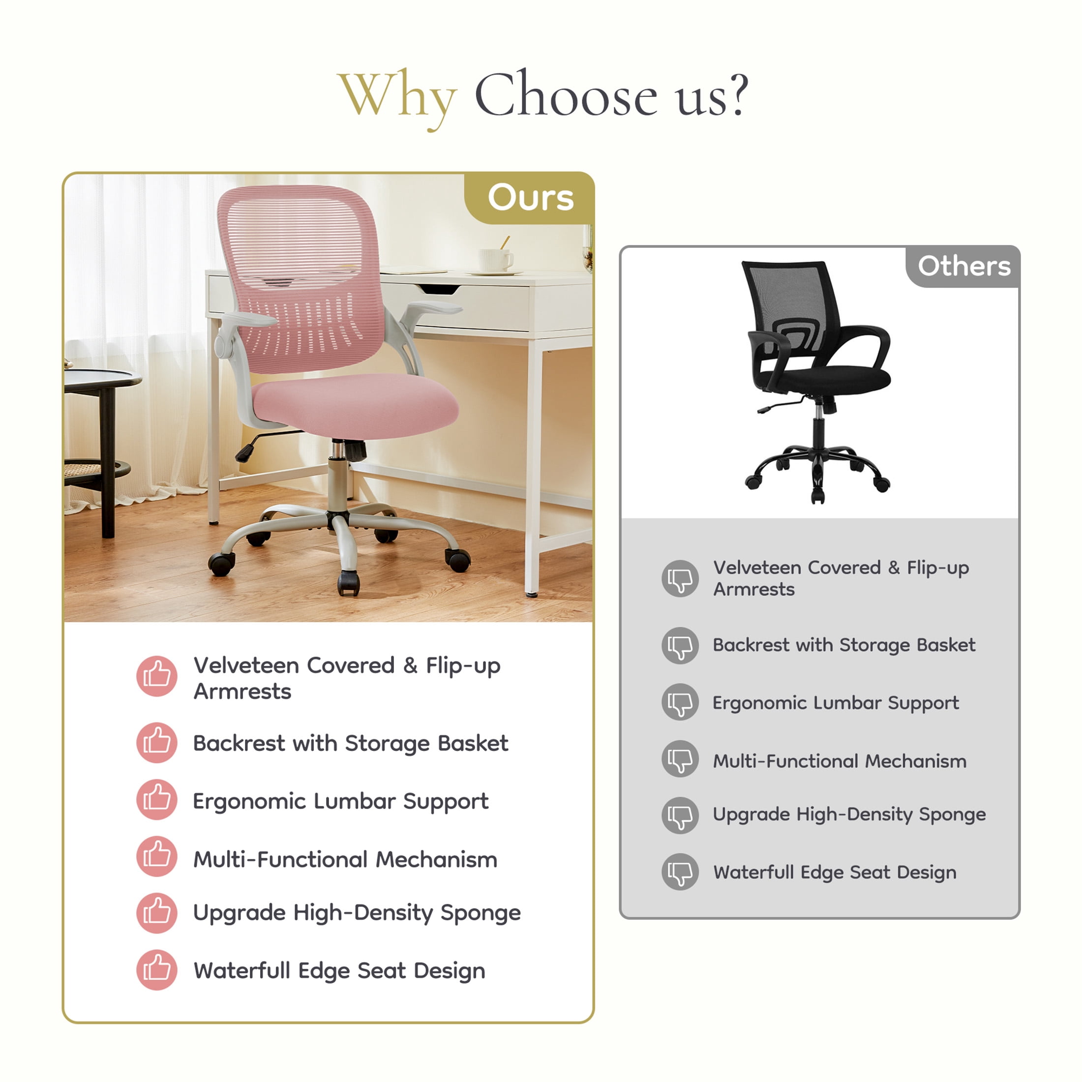 CONCETTA Ergonomic Mesh Office Desk Chair, Adjustable and Flip-up Armrest for Adults, Pink