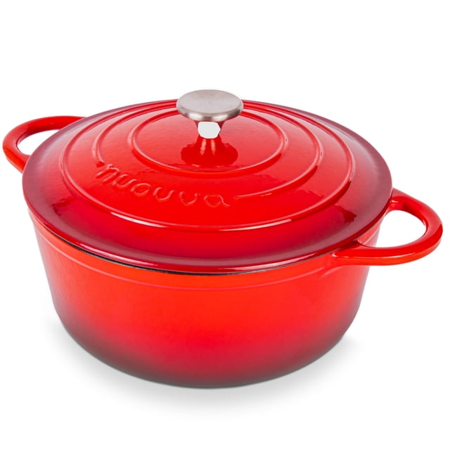 Olla holandesa de hierro fundido esmaltado Nuovva con tapa - Cacerola antiadherente de 6.4 cuartos - Resistente y apta para horno hasta 260 °C para hornear pan, estofar, guisar y asar - 28 cm, color r