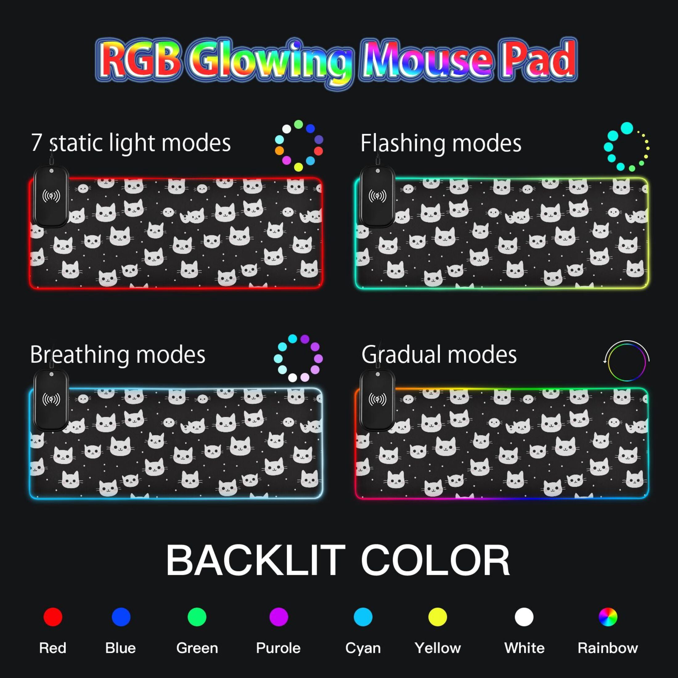 Wireless Charging Mouse Pad Large RGB Gaming Desk Mat 13 Light Modes Mousepad 35.4x15.7 Cat Glad Face