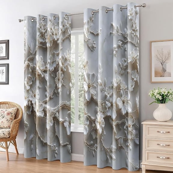 Cherry Blossoms Curtains for Living Room, Floral 3D Blackout Curtains, Relief Flower Bedroom Decor, Thermal Insulated Grommet Drapes 26"W x 45"L (Pack of 2)