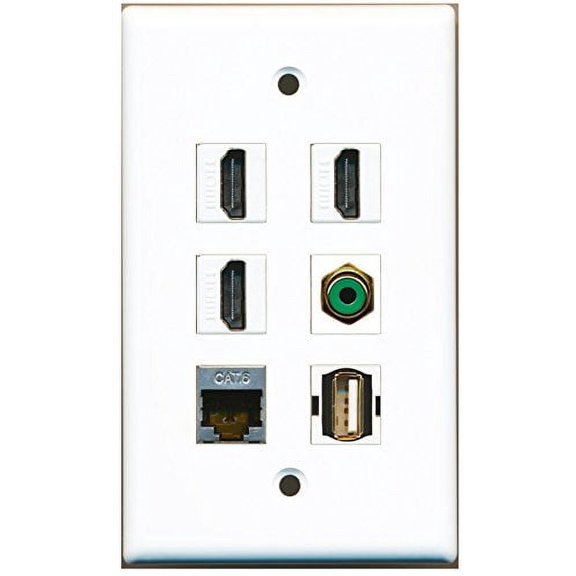 RiteAV - 3 HDMI 1 Port RCA Green 1 Port USB A-A 1 Port Shielded Cat6 Ethernet Wall Plate