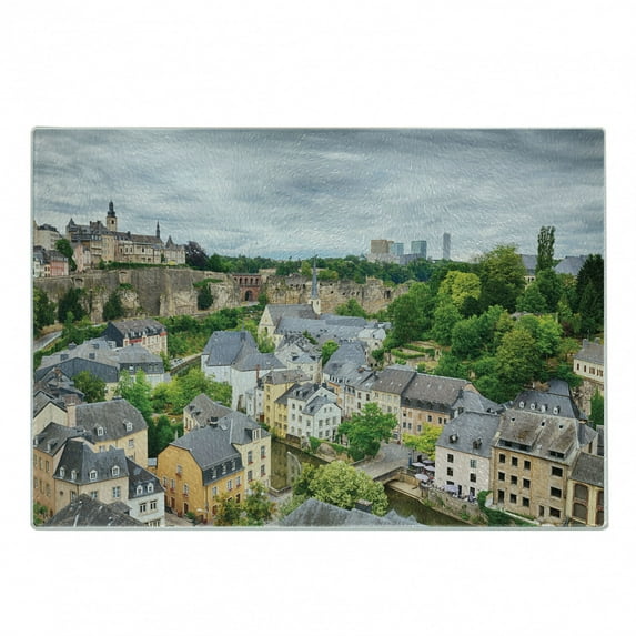 Landscape Cutting Board, View of Old Town Area Luxembourg City Touristic Destination European Scenic Photo, Decorative Tempered Glass Cutting and Serving Board, Small Size, Multicolor, by Ambesonne