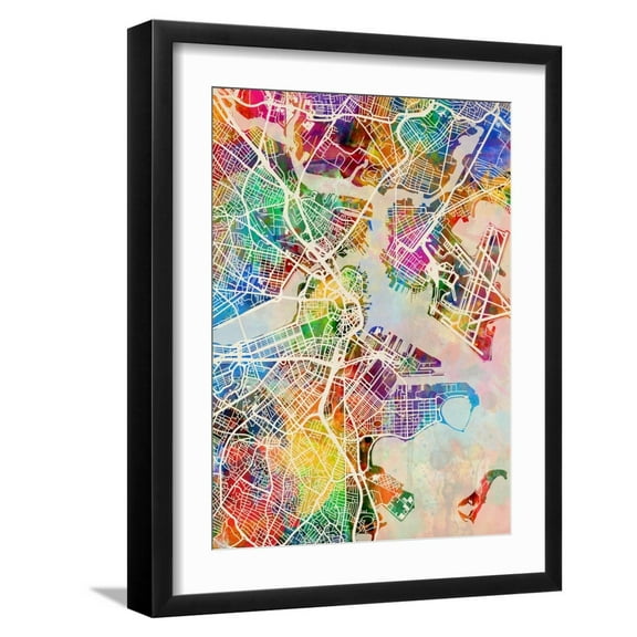 Art.com Boston Massachusetts City Street Map Art Print by Michael Tompsett, Black Frame Wall Art, 17" x 21"