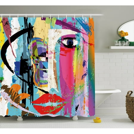 Contemporary Shower Curtains Art Shower Curtain, Contemporary Paint Strokes Splashes Face Mask Paint Kiss Graffiti Grunge Creative Theme, Fabric Bathroom Set with Hooks, Multicolor, by Ambesonne ()
