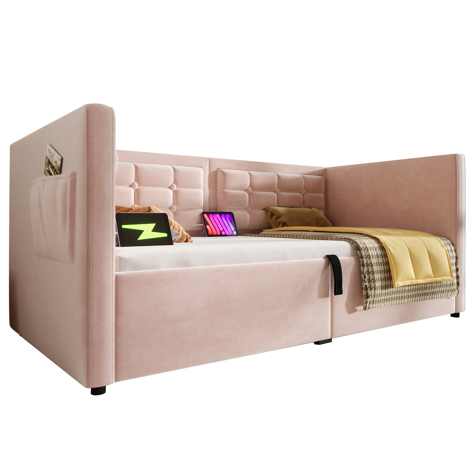 Euroco Upholstered Twin Size Daybed with Hydraulic Storage, Sofa Bed with USB Charging Station, Pink