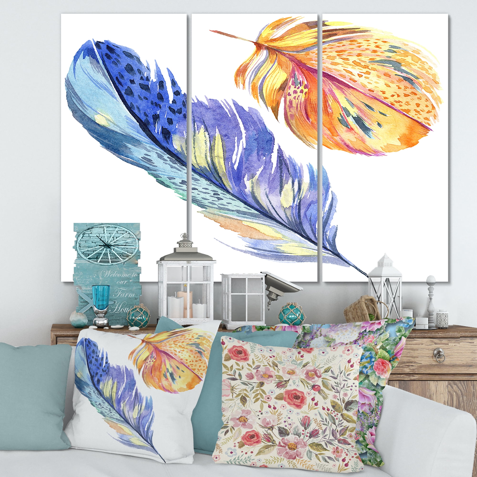 Designart ' Colorful Blue and Golden Bird Feather From Wing ' Bohemian & Eclectic Canvas Wall Art Print