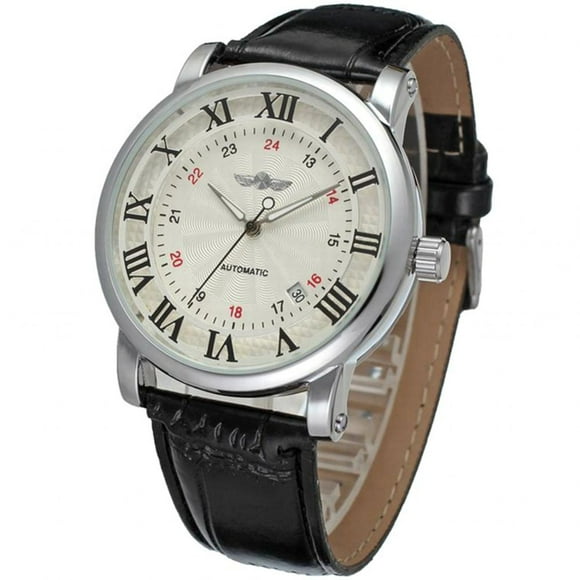 Montre Mécanique Montre Montre à la Mode Gagnant Entièrement Automatique Mécanique Bracelet en Cuir PU Montre pour Homme Cadran Blanc Numéro Noir Bracelet Noir