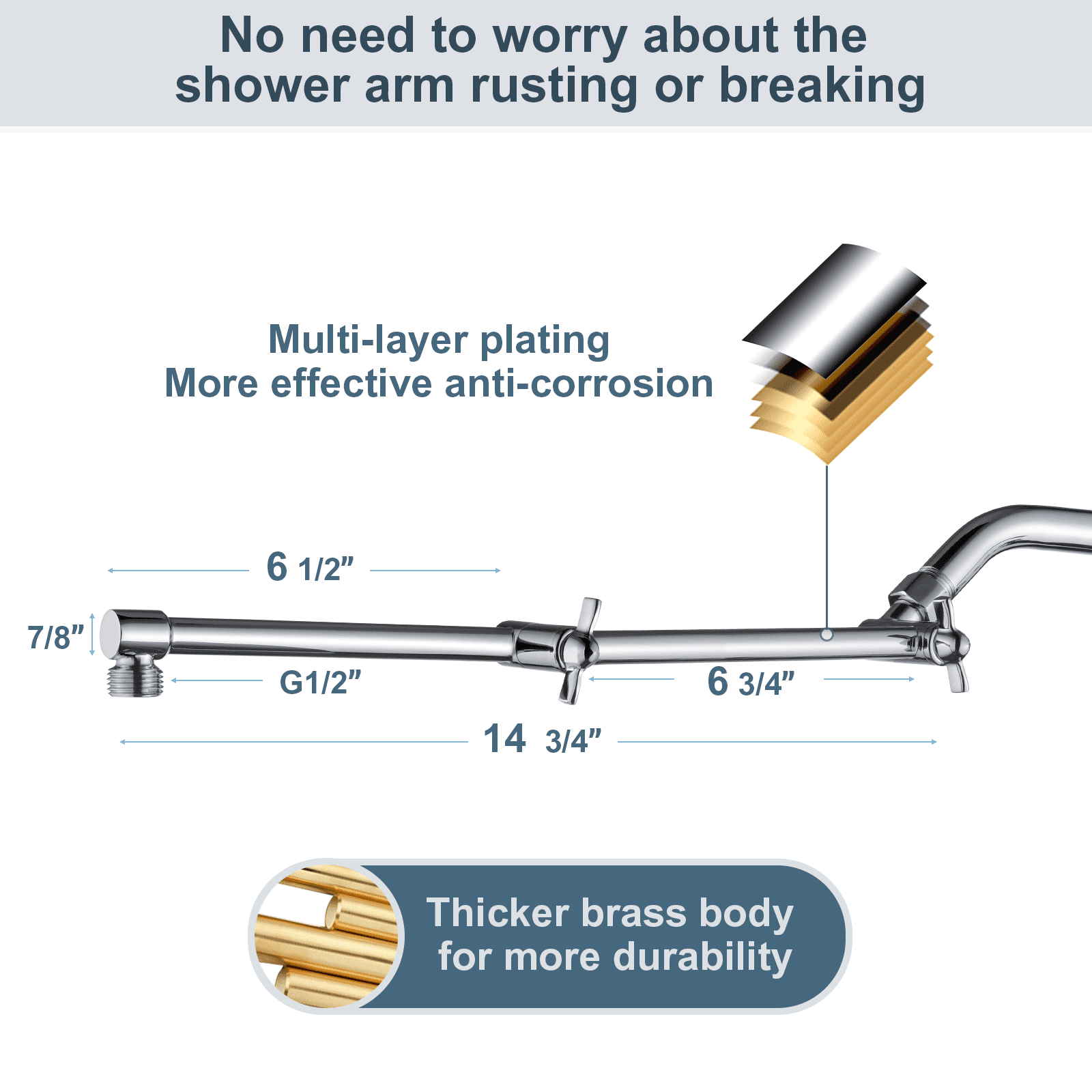 BRIGHT SHOWERS Brass Shower Arm Extender for Rain and Handheld Shower Head, 14 Inch Universal Shower Head Extension Arm, Adjustable Height & Angle, Chrome