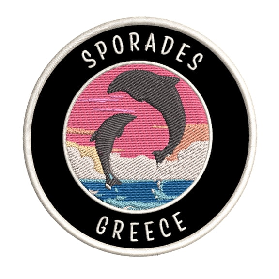 Sporades, Greece Dolphin Sunset 3.5 Inch Iron Or Sew On Embroidered Fabric Badge Patch Ocean Beach, Salt Life Iconic Series