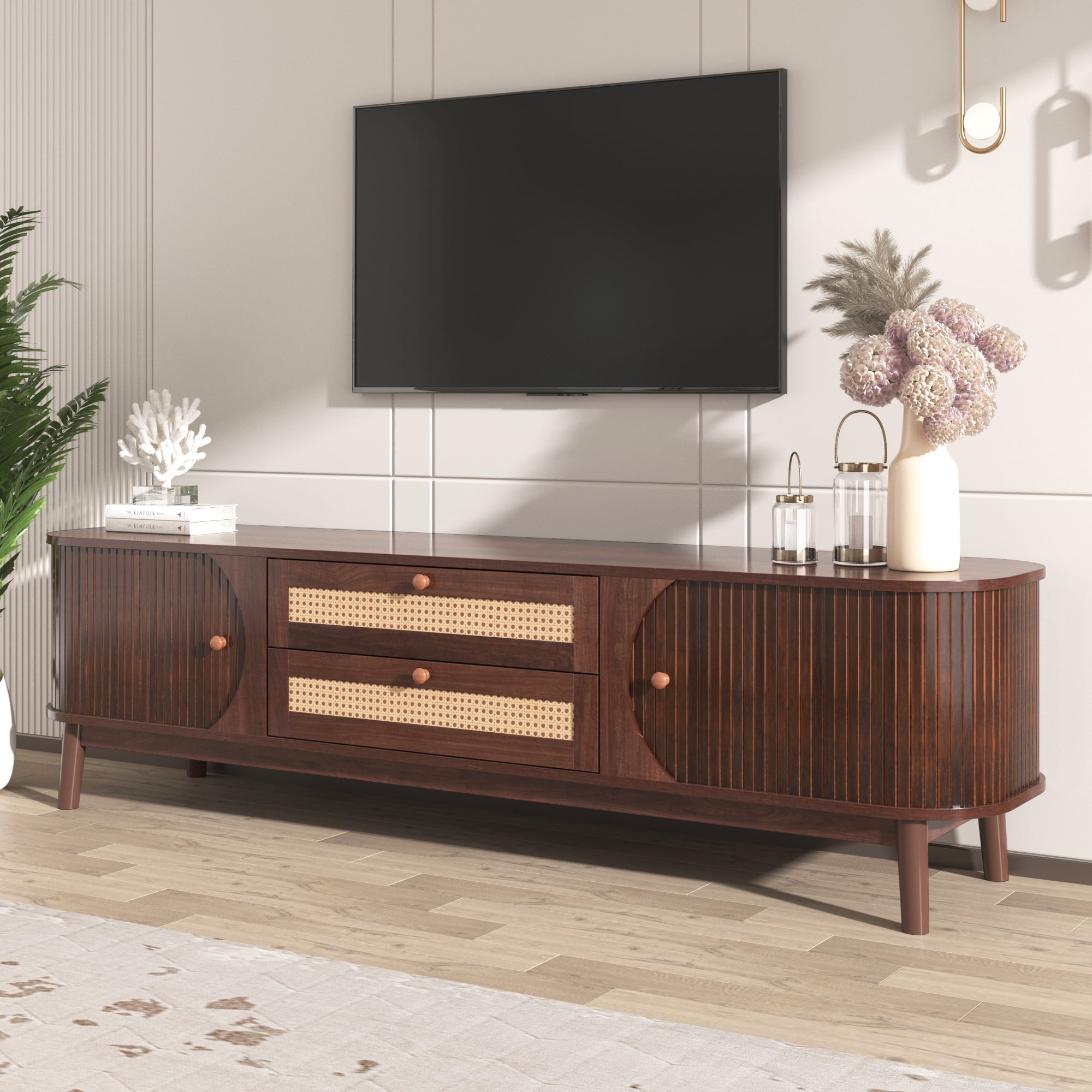 Euroco Rattan TV Stand for TVs up to 75", Modern Entertainment Center with Storage Cabinets, Solid Wood Doors & Cable Management, Mid-Century Media Console for Living Room