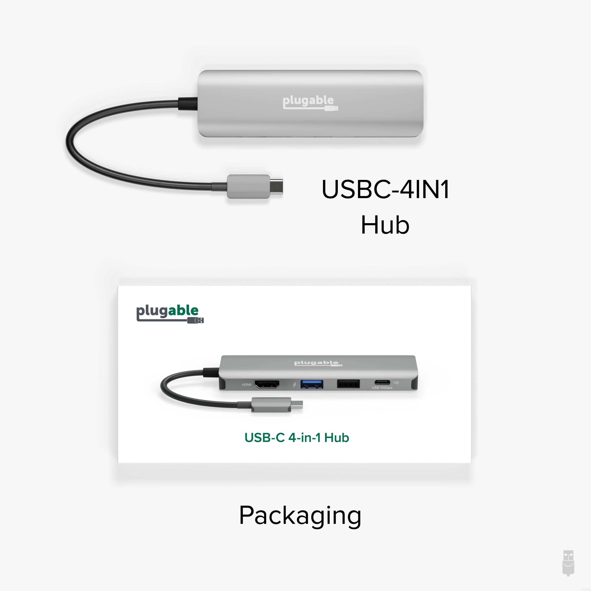 Plugable USB C Hub Multiport Adapter, 4 in 1, 100W Pass Through Charging, USB C to HDMI 4K 60Hz, Multi USB Port Hub for Windows, Mac, Ipad Pro, Chromebook, Thunderbolt (USBC-4IN1)