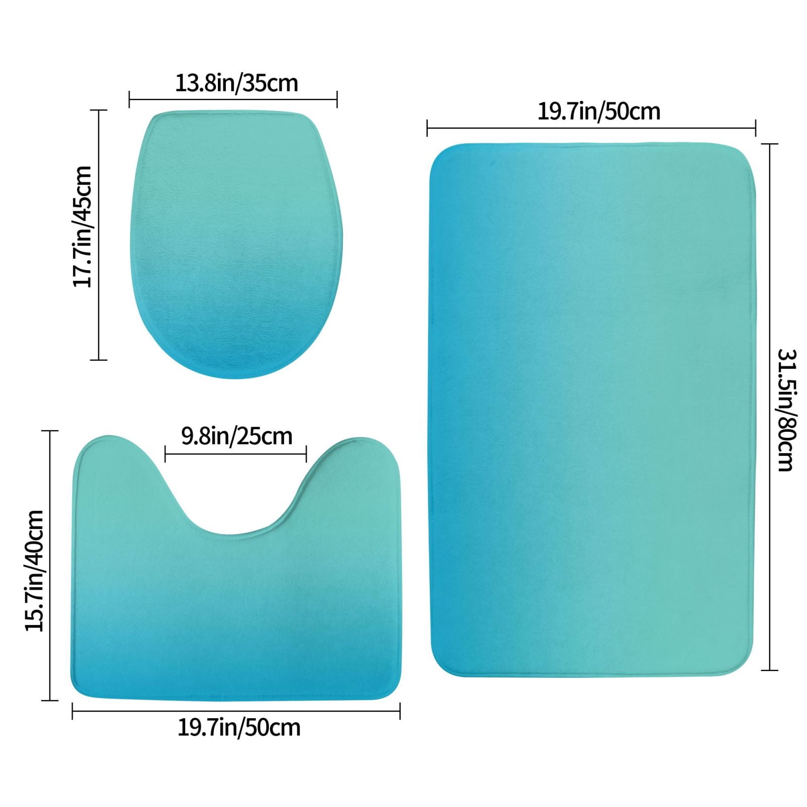 Bathroom Rugs Sets 3 Piece - Teal Turquoise Absorbent Non Slip Bath Mats, U-Shape Toilet Lid Cover, Contour Mat, Soft Washable Shower Mats Bath Rug Mat for Bathroom Tub Toilet