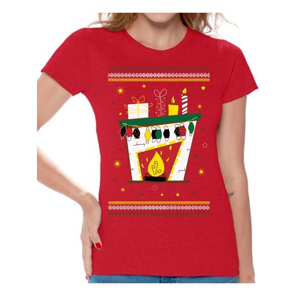 Christmas Fireplace T-Shirt for Women Merry Christmas Women Shirt Happy New Year 2021 Tee for Her Cozy Fireplace Funny Xmas 2020 Ladies Top Happy Holidays Xmas Party Outfit