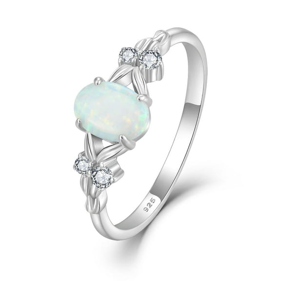 FJ Opal Engagement Ring for Her 925 Sterling Silver Leaf Oval Opal Ring Wedding Anniversary Promise Ring for Women Size 6