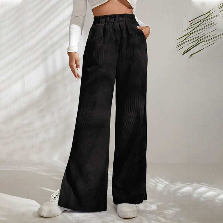 Woman Elastic High Waist Long Pants Split Hem Pure Color