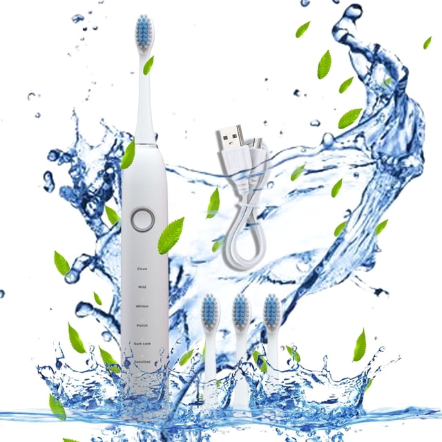 Xihbxyly Cepillo de Dientes Eléctrico, 6 Modos de Limpieza, 4 Cabezales de Repuesto, Resistencia Al Agua Ipx7, Carga Rápida Por Usb, 60 Días de Batería, Ideal para El Cuidado Bucal Diario, Blanco, 22