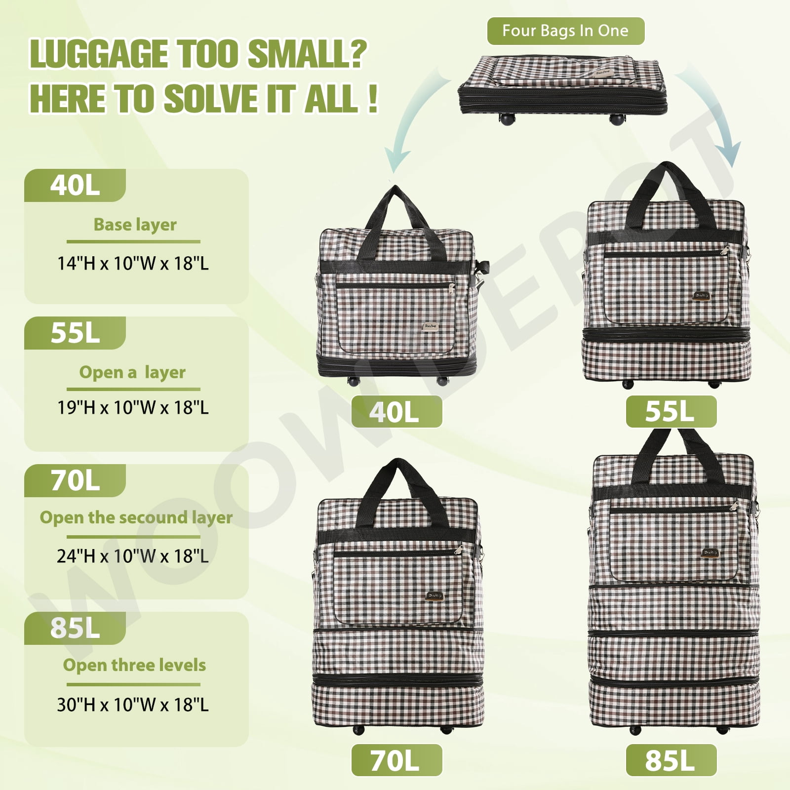 WOOW DEPOT 30in Expandable Suitcase Bag 3 Layer Foldable Rolling Wheeled Luggage Handbag Large for Home Storage Travel Business Moving