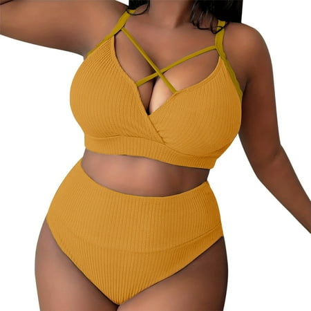 NIEWTR Womens Plus Size High Waisted Bikini Set Women s Solid Color Hollow Shoulder Strap Adjustable Backless Sexy Swimsuit Plus Size Bathing Suits (Yellow 4XL)