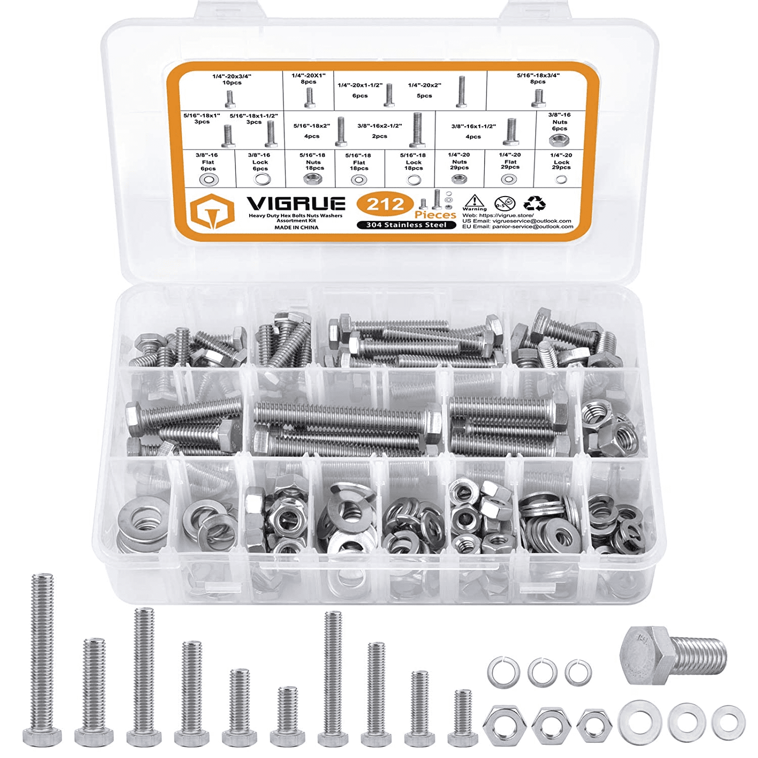 VIGRUE 212PCS 304 Stainless Steel Heavy Duty Hex Bolts Nuts Flat Spring