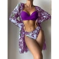 thumbnail image 3 of Traje de baño de tres piezas para mujer, cárdigan de malla con estampado de bikini dividido, 2 piezas, 3 of 4