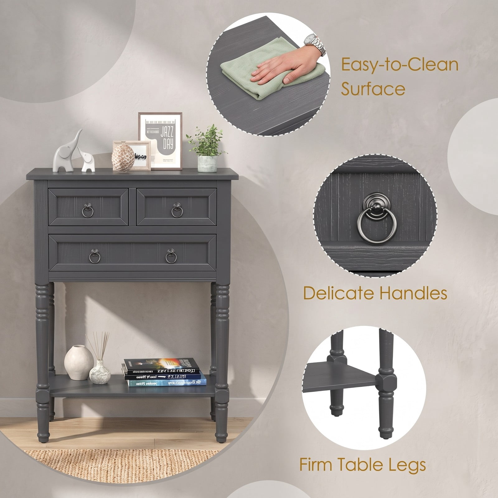 Furnibear Narrow Console Table with 3 Storage Drawers and Open Bottom Shelf and Turned Legs for Entryway and Hallway, Dark Gray