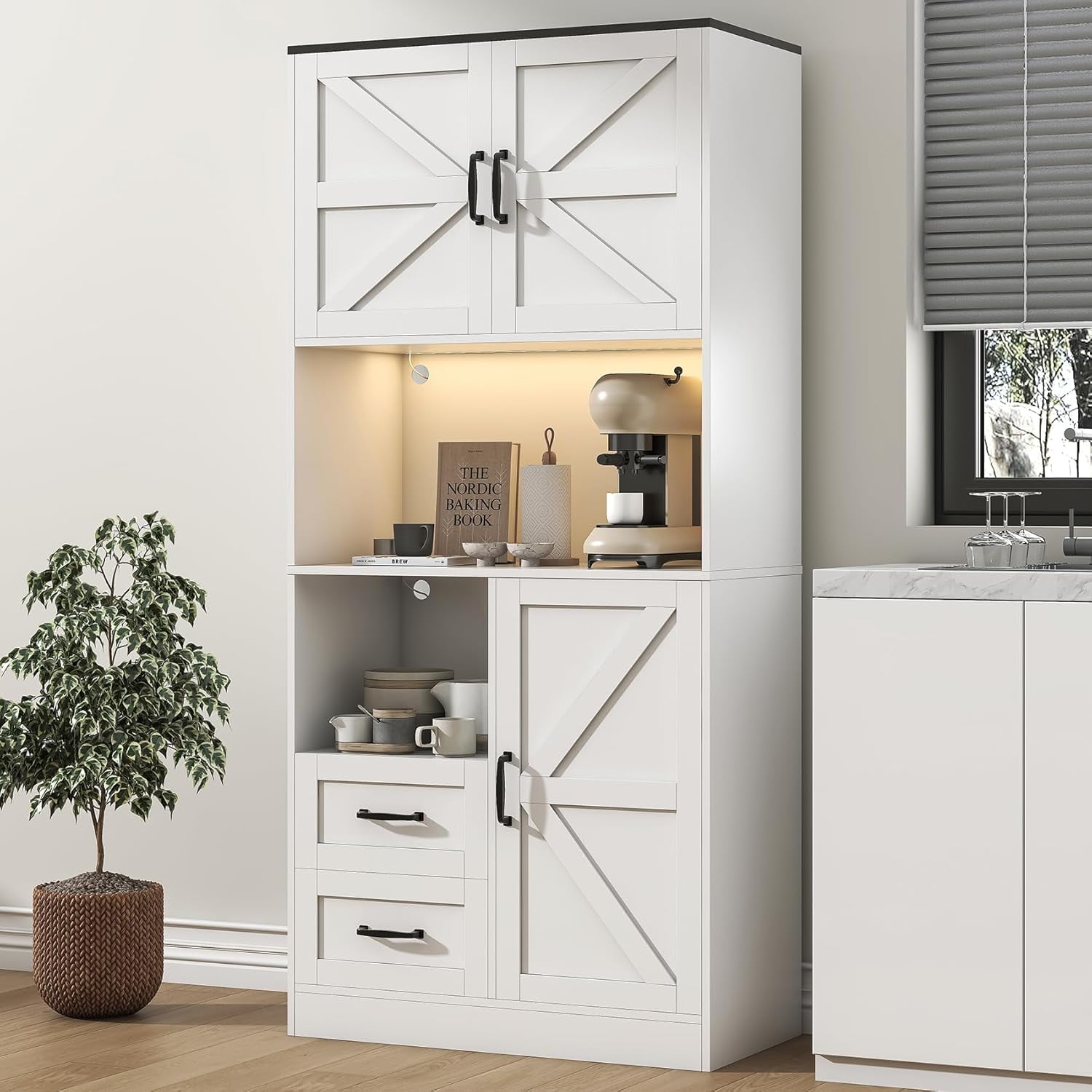 Winkalon 68'' Kitchen Pantry Hutch with Charging Station and LED Light, Buffet Storage Cabinet with Adjustable Shelves, White