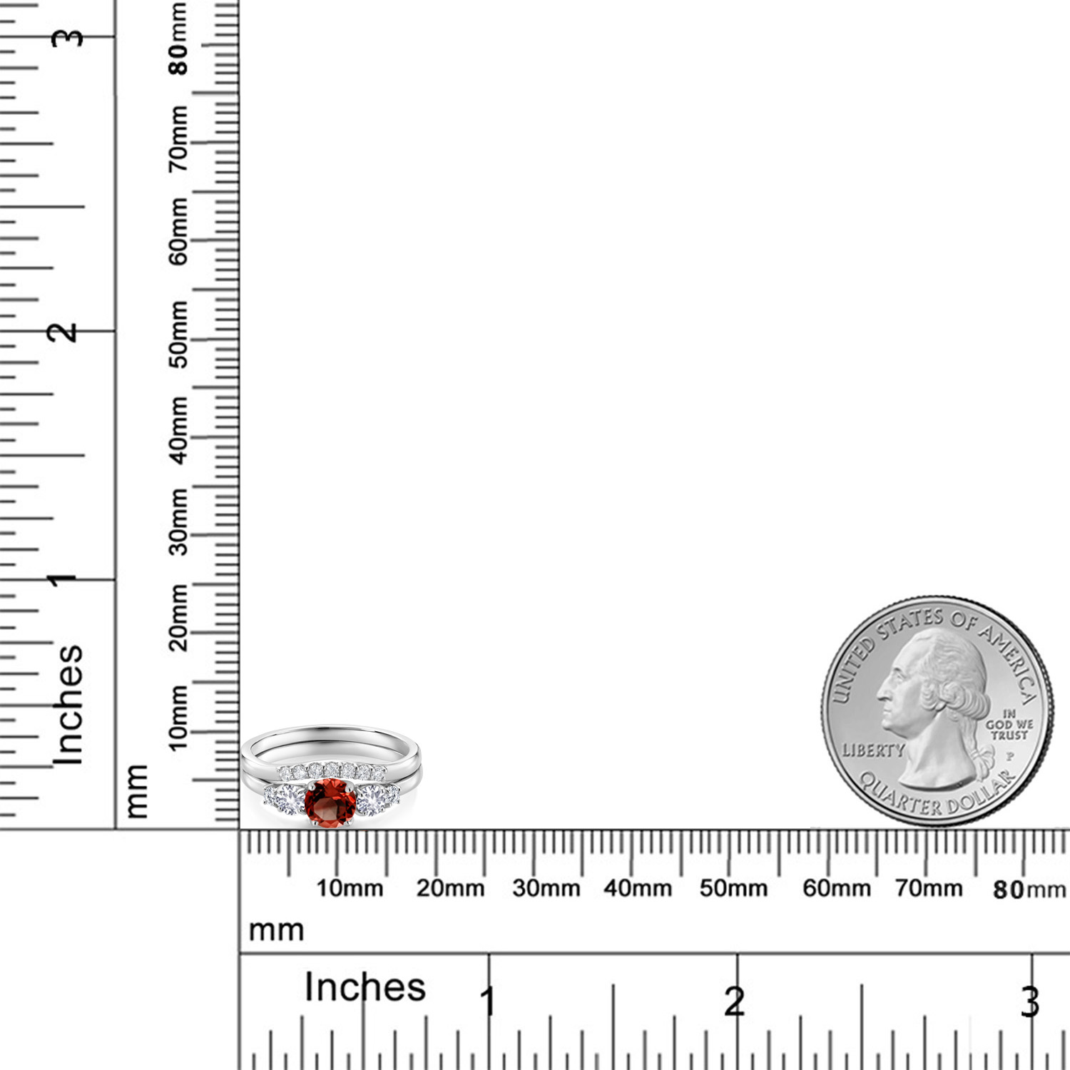Gem Stone King 10K White Gold Red Garnet White Created Sapphire and White Lab Grown Diamond 5 Stone Bridal Engagement Wedding Ring Set for Women | 1.37 Cttw | Round: 5MM and 3MM | Size 5-9 | Size 8