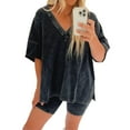 thumbnail image 4 of Guiexla 2 Pcs/Set Women Summer Sportswear Set V Neck Side Split Short Sleeves Loose T-shirt Elastic Waist Mini Pants Set Tracksuit Sport Clothes, 4 of 7