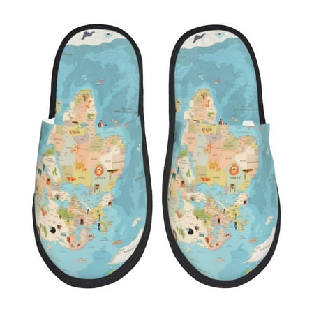 Balery World Map With Animals 1 Slient Indoor Furry Fleece Comfort House Shoes Soft Non-Slip Home Shoes Cotton slippers House Slippers-- Large