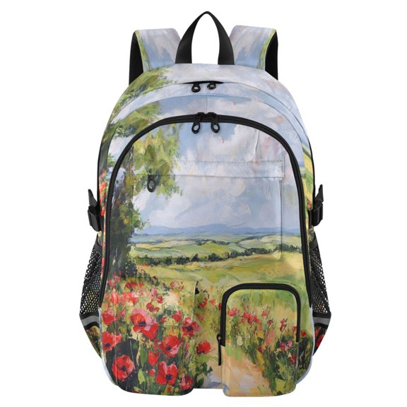 Large Capacity Student Backpack, 14 Inch Laptop Backpack, Wear-Resistant Polyester Travel Backpack with Reflective Strips for Commuting Outdoor Beautiful Flowers on The Road