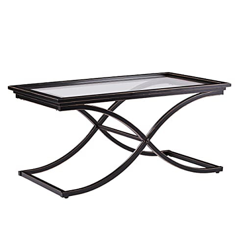 SEI Furniture Vogue Tempered Glass Top Coffee Table, Black, Copper Distressed