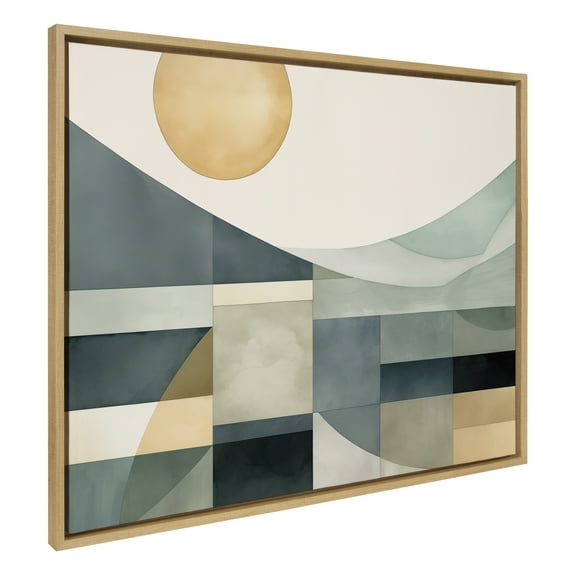 Kate and Laurel Sylvie Mid Century Modern Abstract Geometric Coastal Landscape Framed Canvas Wall Art by The Creative Bunch Studio, 31.5x41.5 Natural, Modern Abstract Sunset Landscape Art for Wall