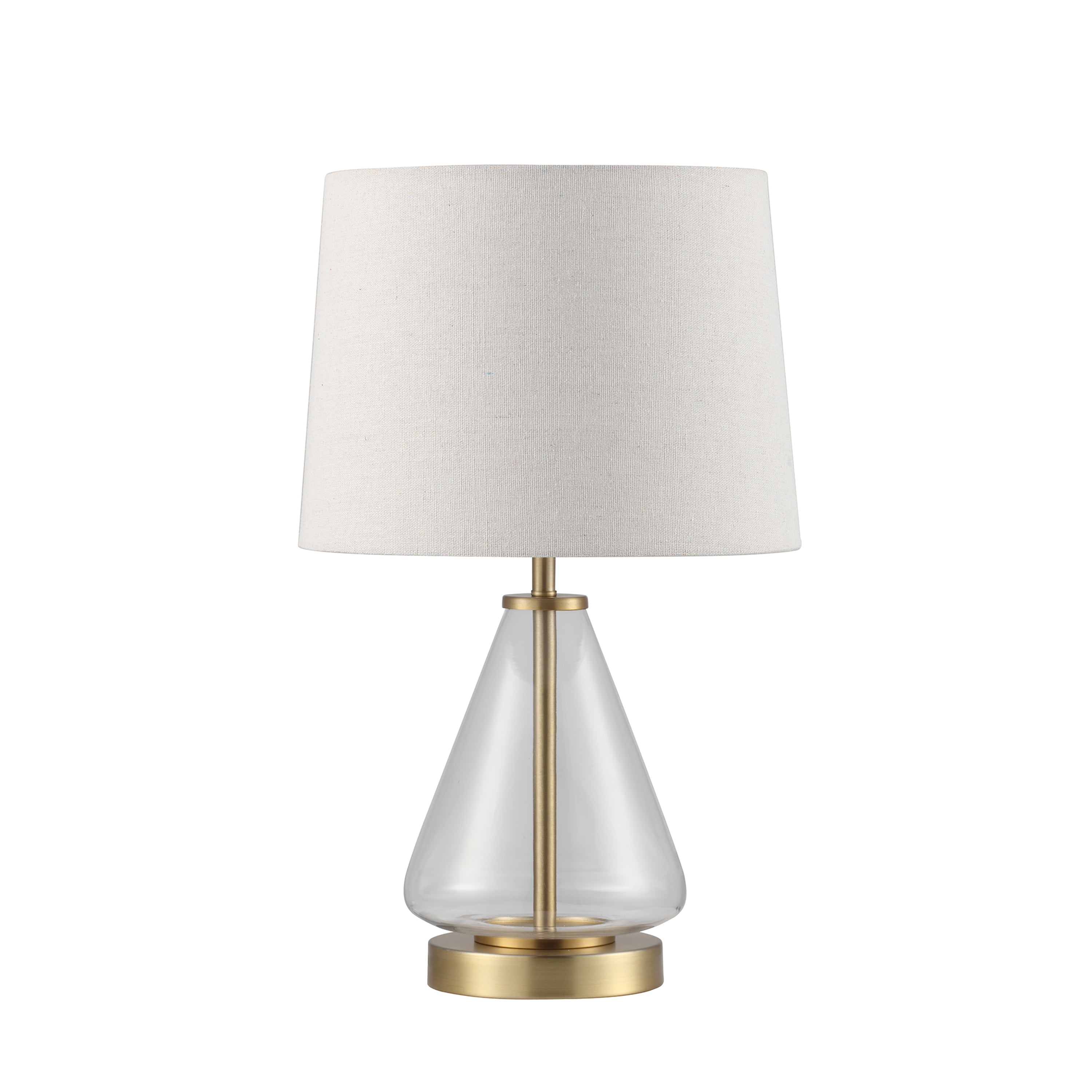 Better Homes & Gardens 18" Clear Glass Table Lamp with Brass Metal Base and Beige Shade